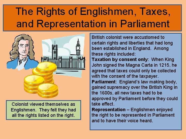 The Rights of Englishmen, Taxes, and Representation in Parliament Colonist viewed themselves as Englishmen.