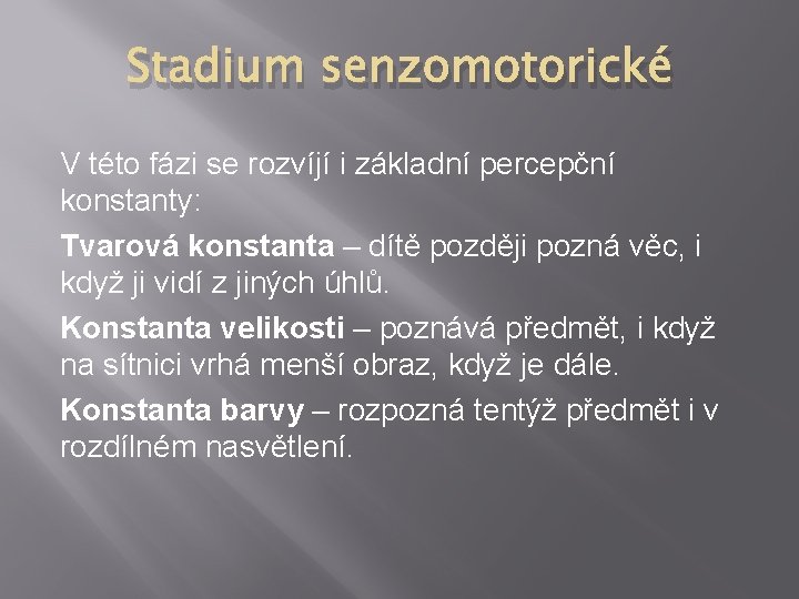 Stadium senzomotorické V této fázi se rozvíjí i základní percepční konstanty: Tvarová konstanta –