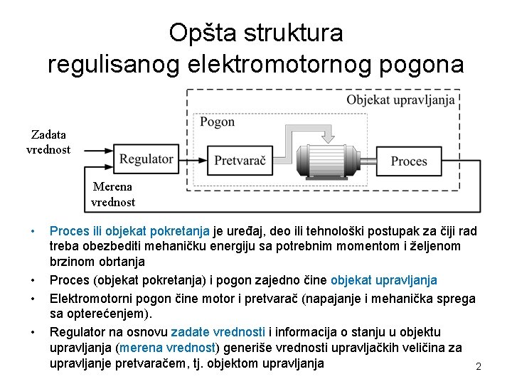 Opšta struktura regulisanog elektromotornog pogona Zadata vrednost Merena vrednost • • Proces ili objekat