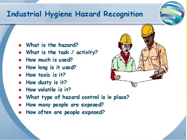 Industrial Hygiene Hazard Recognition n n What is the hazard? What is the task