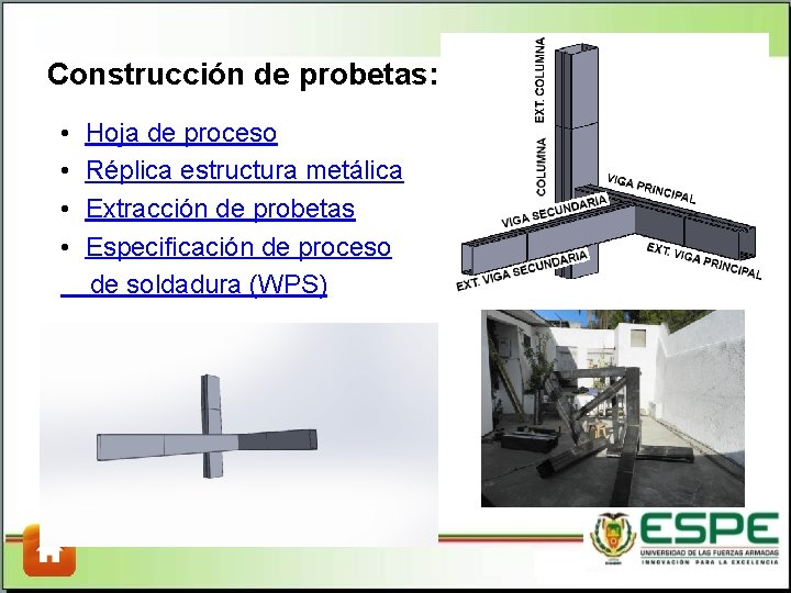 Construcción de probetas: • Hoja de proceso • Réplica estructura metálica • Extracción de Construcción de probetas: • Hoja de proceso • Réplica estructura metálica • Extracción de