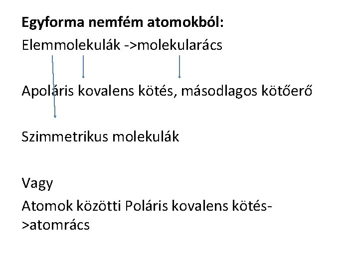 Egyforma nemfém atomokból: Elemmolekulák ->molekularács Apoláris kovalens kötés, másodlagos kötőerő Szimmetrikus molekulák Vagy Atomok