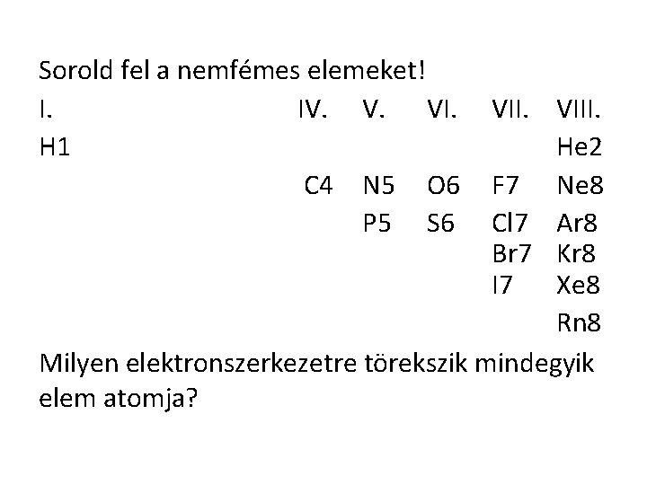 Sorold fel a nemfémes elemeket! I. IV. V. VI. H 1 C 4 N