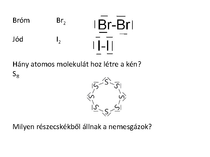 Bróm Br 2 Jód I 2 Hány atomos molekulát hoz létre a kén? S