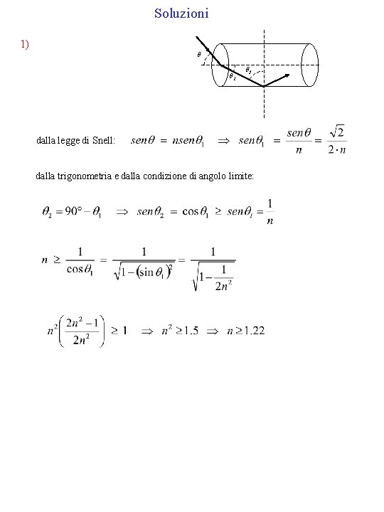 Soluzioni 1) 1 2 dalla legge di Snell: dalla trigonometria e dalla condizione di