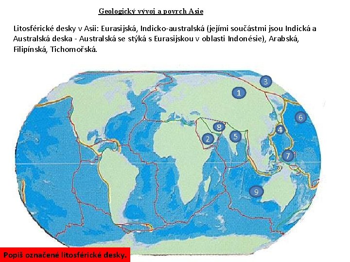 Geologický vývoj a povrch Asie Litosférické desky v Asii: Eurasijská, Indicko-australská (jejími součástmi jsou