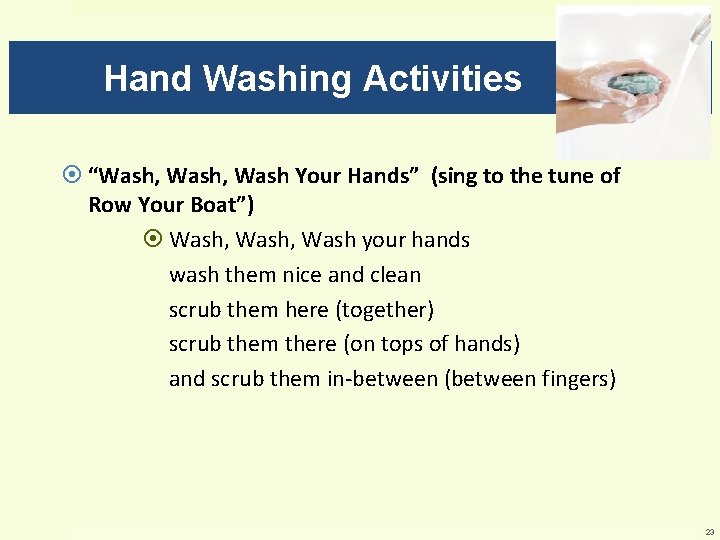 Hand Washing Activities “Wash, Wash Your Hands” (sing to the tune of Row Your
