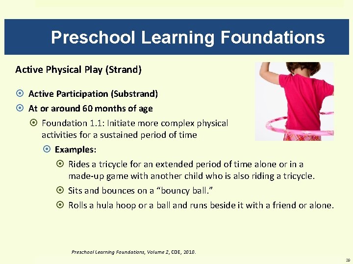 Preschool Learning Foundations Active Physical Play (Strand) Active Participation (Substrand) At or around 60