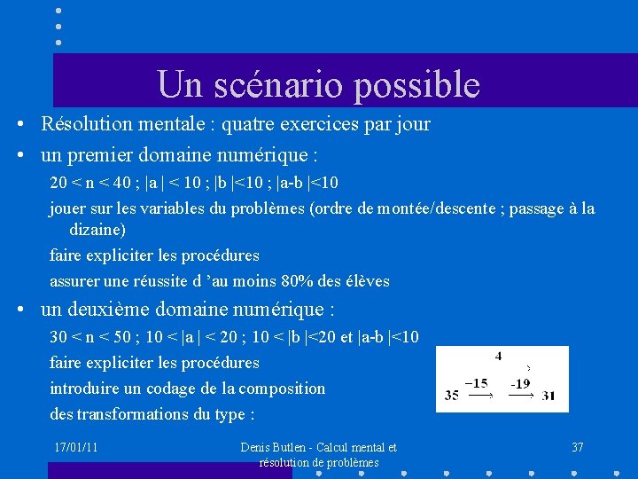 Un scénario possible • Résolution mentale : quatre exercices par jour • un premier