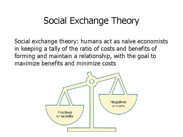Social Exchange Theory Social exchange theory: humans act as naïve economists in keeping a