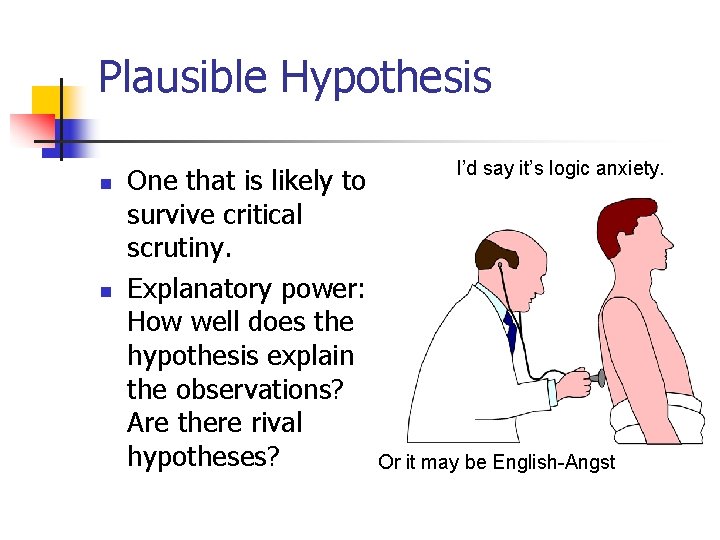 Plausible Hypothesis n n One that is likely to survive critical scrutiny. Explanatory power: