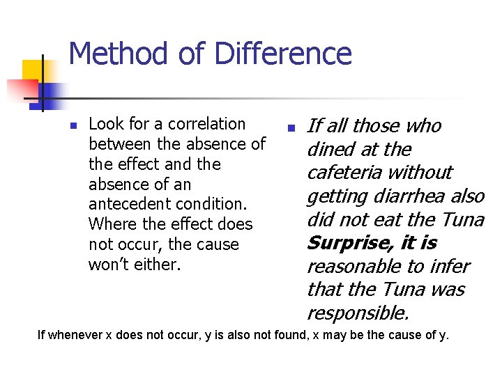 Method of Difference n Look for a correlation between the absence of the effect