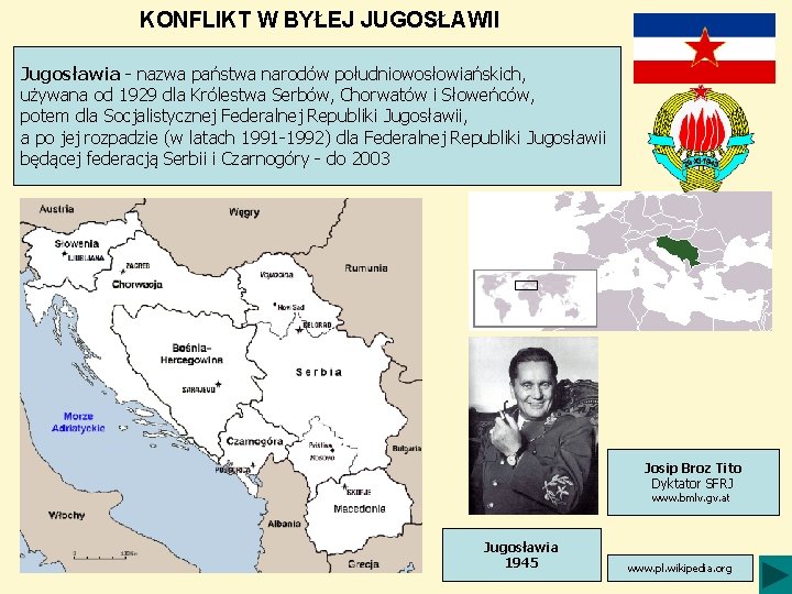 KONFLIKT W BYŁEJ JUGOSŁAWII Jugosławia - nazwa państwa narodów południowosłowiańskich, używana od 1929 dla