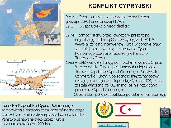 KONFLIKT CYPRYJSKI Podział Cypru na strefy zamieszkane przez ludność grecką ( 78%) oraz turecką