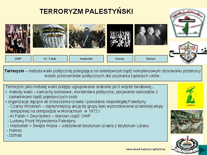 TERRORYZM PALESTYŃSKI OWP Al - Fatah Hezbollah Hamas Dżihad Terroryzm – metoda walki politycznej