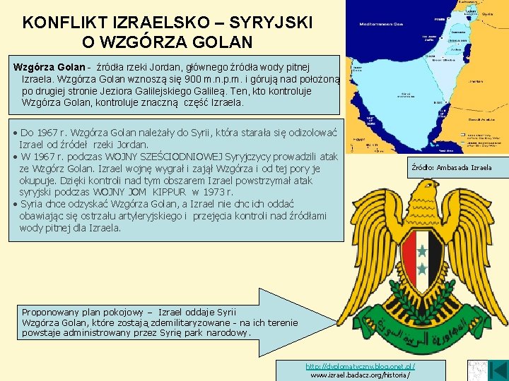 KONFLIKT IZRAELSKO – SYRYJSKI O WZGÓRZA GOLAN Wzgórza Golan - źródła rzeki Jordan, głównego