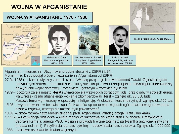 WOJNA W AFGANISTANIE 1978 - 1986 Wojska radzieckie w Afganistanie Mohammad Daud Prezydent Afganistanu