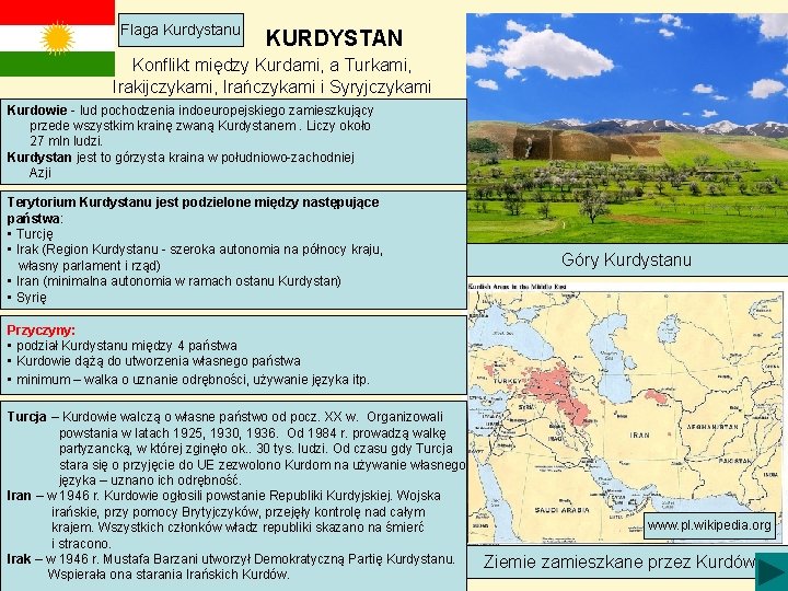 Flaga Kurdystanu KURDYSTAN Konflikt między Kurdami, a Turkami, Irakijczykami, Irańczykami i Syryjczykami Kurdowie -