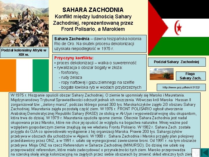 SAHARA ZACHODNIA Konflikt między ludnością Sahary Zachodniej, reprezentowaną przez Front Polisario, a Marokiem Podział