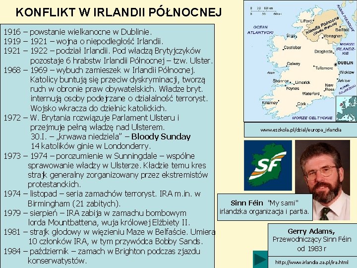 KONFLIKT W IRLANDII PÓŁNOCNEJ 1916 – powstanie wielkanocne w Dublinie. 1919 – 1921 –