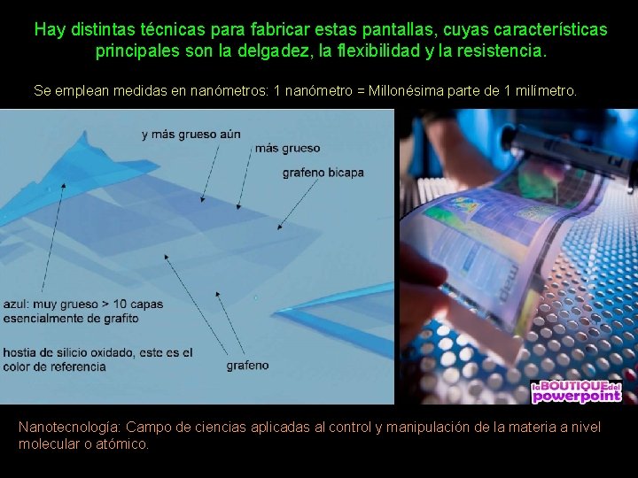 Hay distintas técnicas para fabricar estas pantallas, cuyas características principales son la delgadez, la