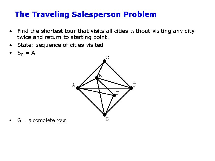 The Traveling Salesperson Problem • Find the shortest tour that visits all cities without