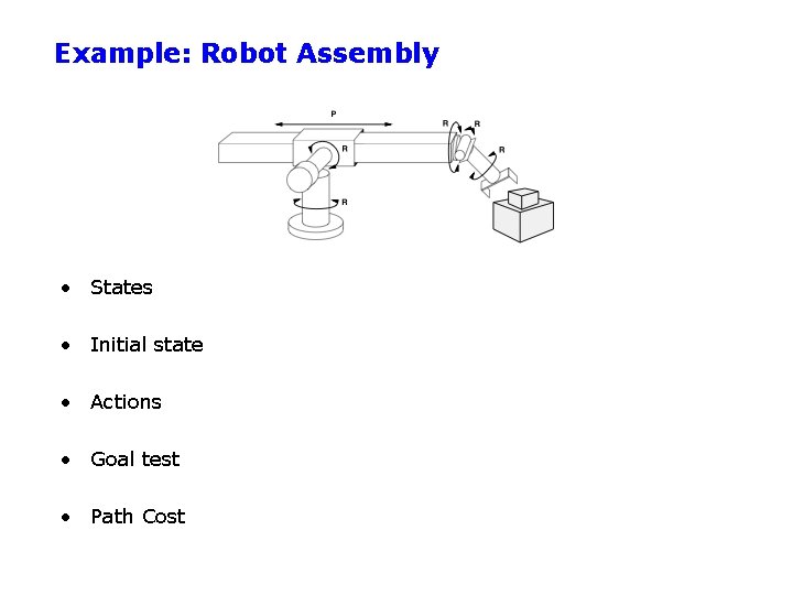 Example: Robot Assembly • States • Initial state • Actions • Goal test •