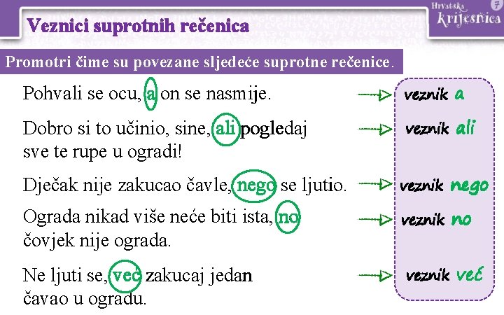 Veznici suprotnih rečenica Promotri čime su povezane sljedeće suprotne rečenice. Pohvali se ocu, a