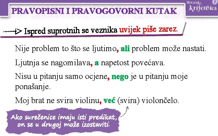 PRAVOPISNI I PRAVOGOVORNI KUTAK Ispred suprotnih se veznika uvijek piše zarez. Nije problem to