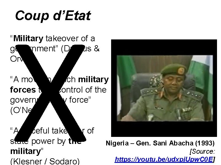 X Coup d’Etat “Military takeover of a government” (Drogus & Orvis) “A move in