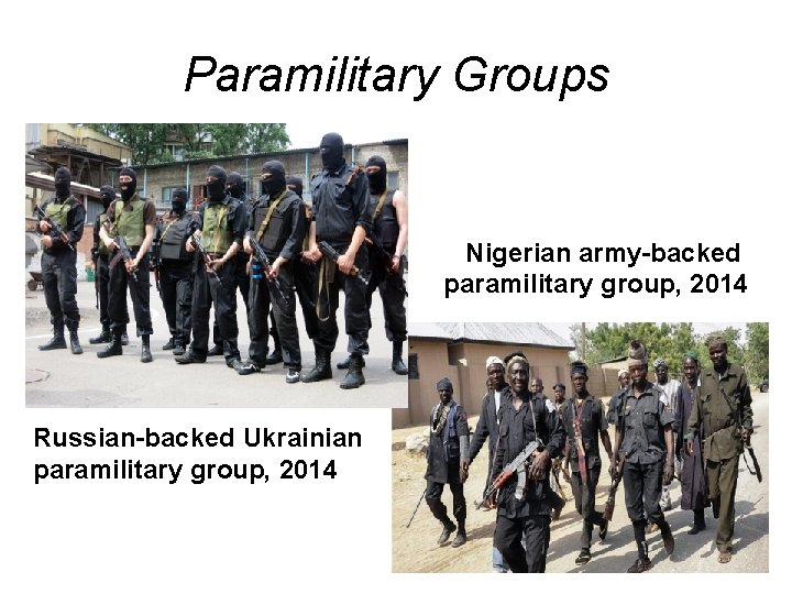Paramilitary Groups Nigerian army-backed paramilitary group, 2014 Russian-backed Ukrainian paramilitary group, 2014 