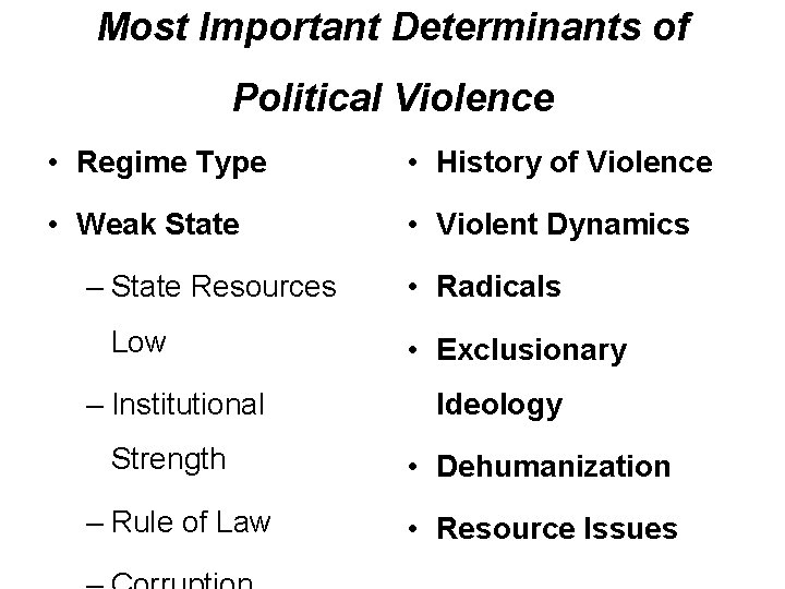 Most Important Determinants of Political Violence • Regime Type • History of Violence •