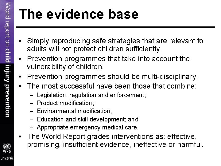 The evidence base • Simply reproducing safe strategies that are relevant to adults will