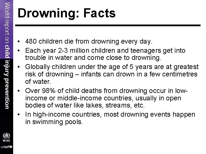 Drowning: Facts • 480 children die from drowning every day. • Each year 2