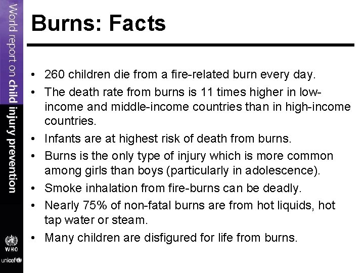 Burns: Facts • 260 children die from a fire-related burn every day. • The