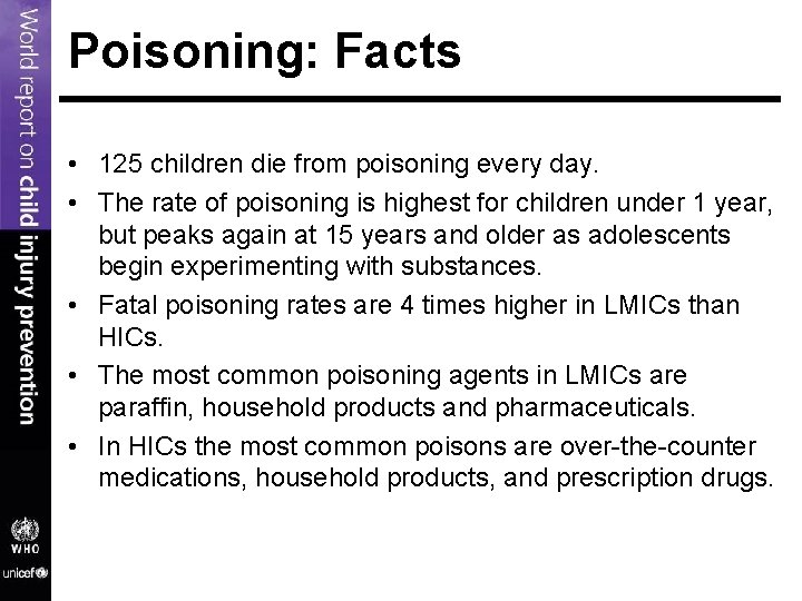 Poisoning: Facts • 125 children die from poisoning every day. • The rate of