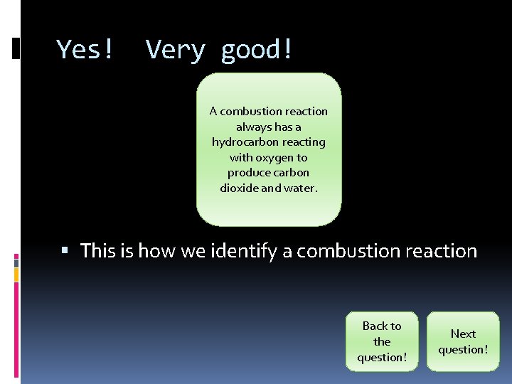 Yes! Very good! A combustion reaction always has a hydrocarbon reacting with oxygen to