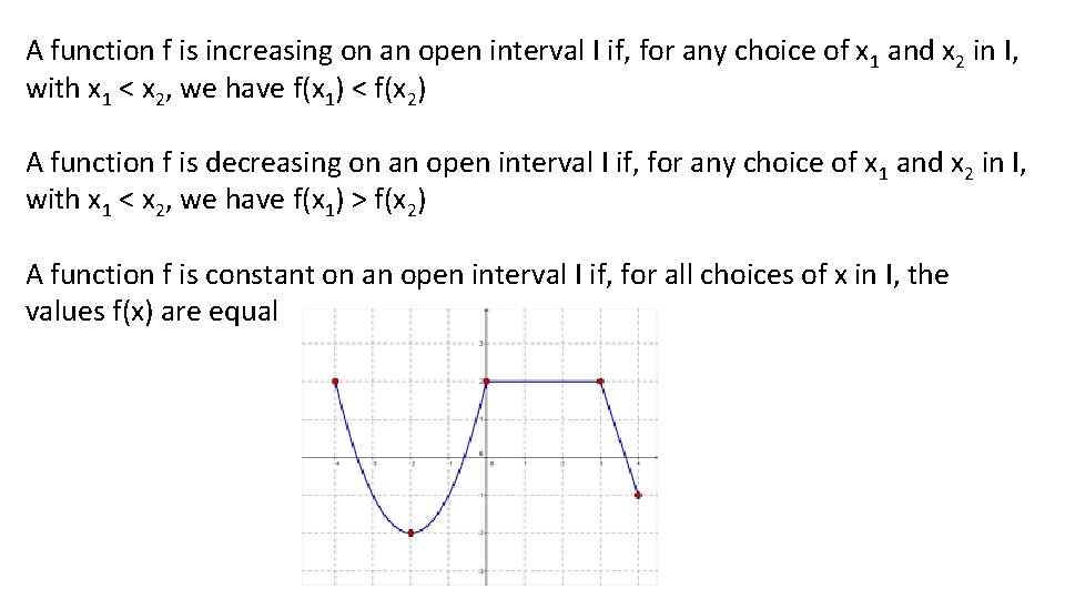 A function f is increasing on an open interval I if, for any choice