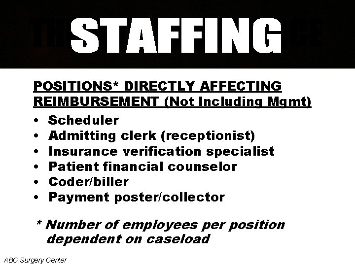 POSITIONS* DIRECTLY AFFECTING REIMBURSEMENT (Not Including Mgmt) • Scheduler • Admitting clerk (receptionist) •