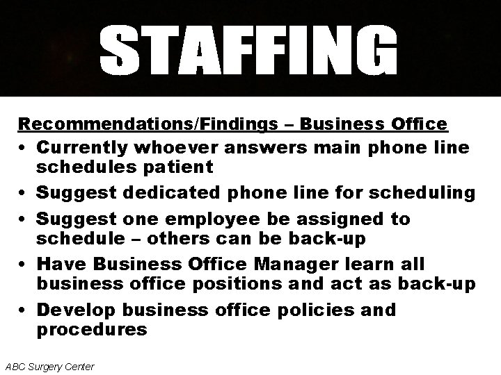 Recommendations/Findings – Business Office • Currently whoever answers main phone line schedules patient •