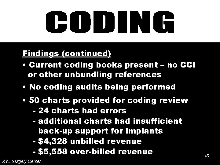 Findings (continued) • Current coding books present – no CCI or other unbundling references