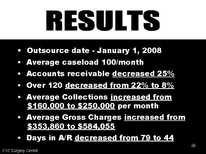  • Outsource date - January 1, 2008 • Average caseload 100/month • Accounts