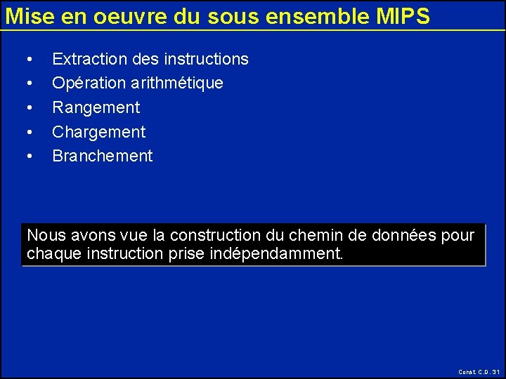 Mise en oeuvre du sous ensemble MIPS • • • Extraction des instructions Opération