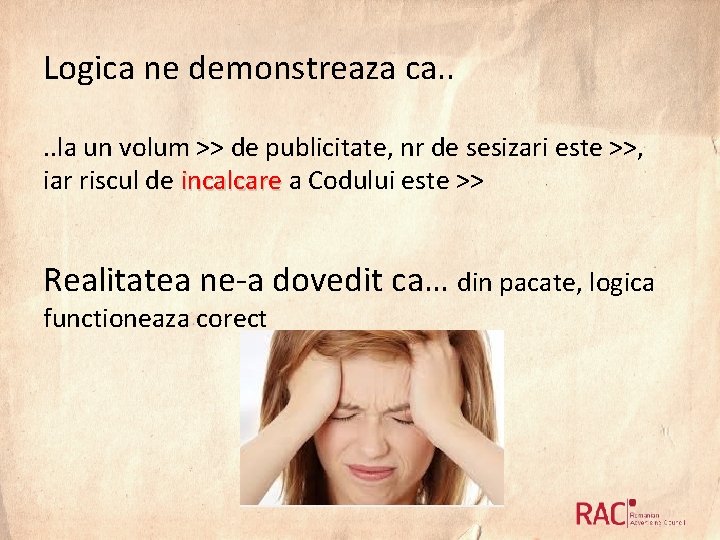 Logica ne demonstreaza ca. . la un volum >> de publicitate, nr de sesizari