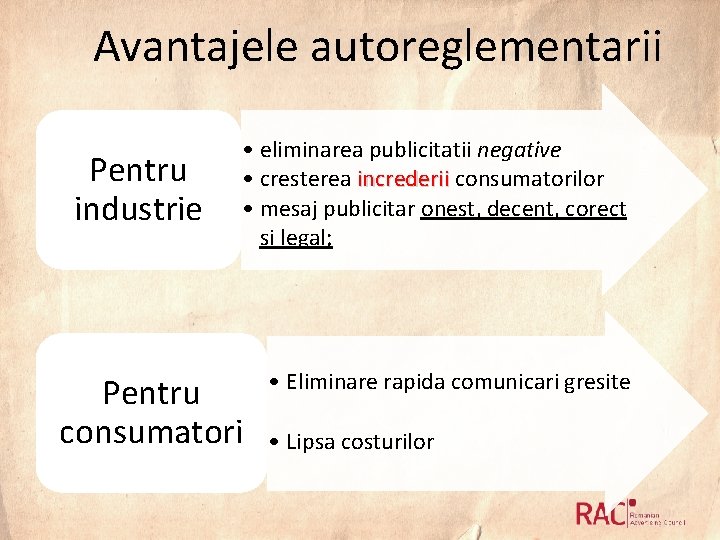 Avantajele autoreglementarii Pentru industrie • eliminarea publicitatii negative • cresterea increderii consumatorilor • mesaj