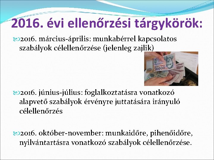 2016. évi ellenőrzési tárgykörök: 2016. március-április: munkabérrel kapcsolatos szabályok célellenőrzése (jelenleg zajlik) 2016. június-július: