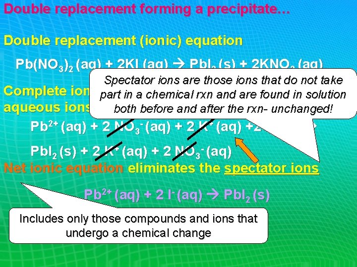 Double replacement forming a precipitate… Double replacement (ionic) equation Pb(NO 3)2 (aq) + 2