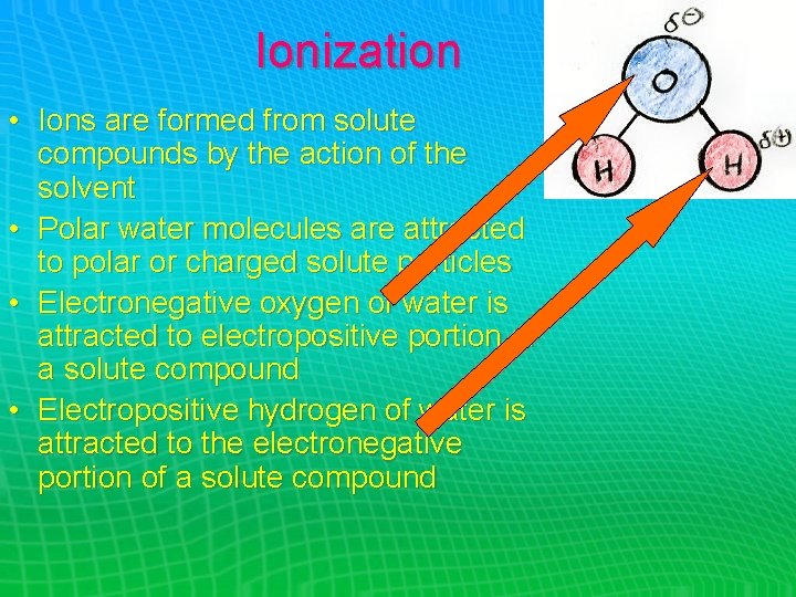 Ionization • Ions are formed from solute compounds by the action of the solvent