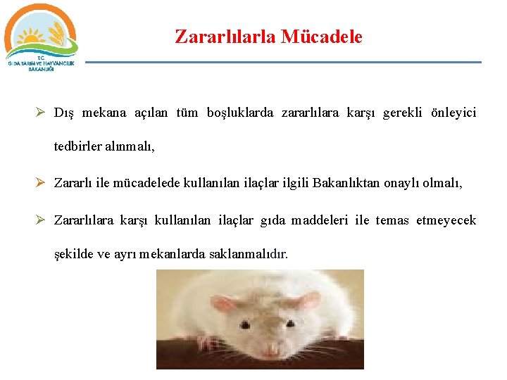 Zararlılarla Mücadele Ø Dış mekana açılan tüm boşluklarda zararlılara karşı gerekli önleyici tedbirler alınmalı,