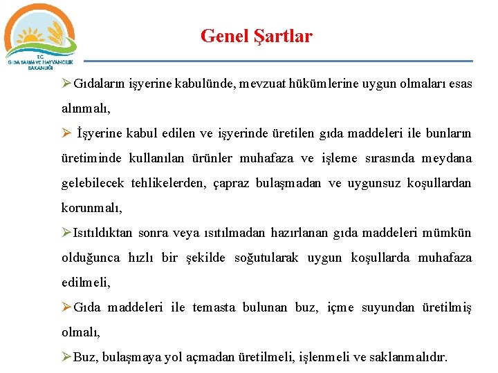 Genel Şartlar ØGıdaların işyerine kabulünde, mevzuat hükümlerine uygun olmaları esas alınmalı, Ø İşyerine kabul